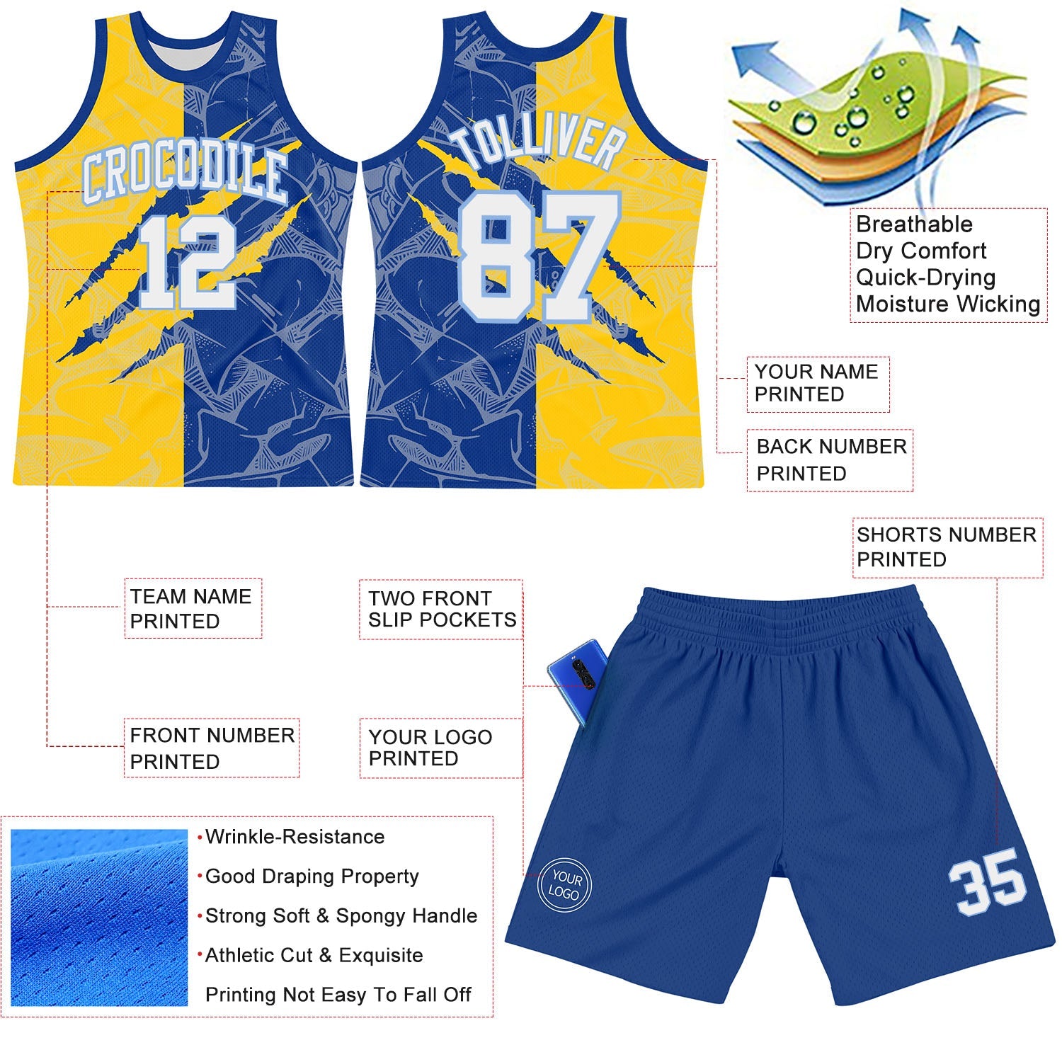 Custom Graffiti Pattern White Royal Yellow-Light Blue Scratch Round Neck Sublimation Basketball Set Jersey view 3