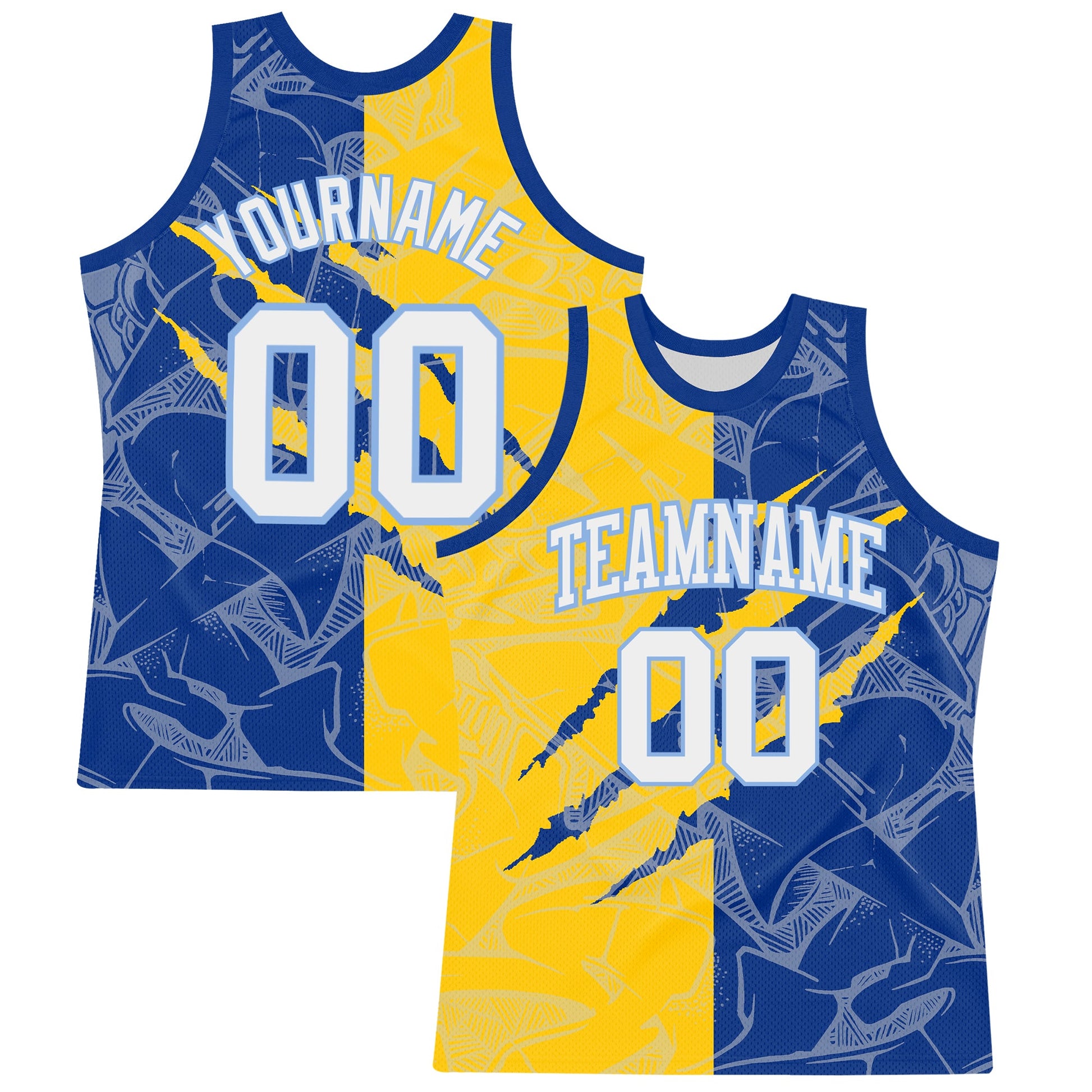 Custom Graffiti Pattern White Royal Yellow-Light Blue Scratch Round Neck Sublimation Basketball Set Jersey - Main View