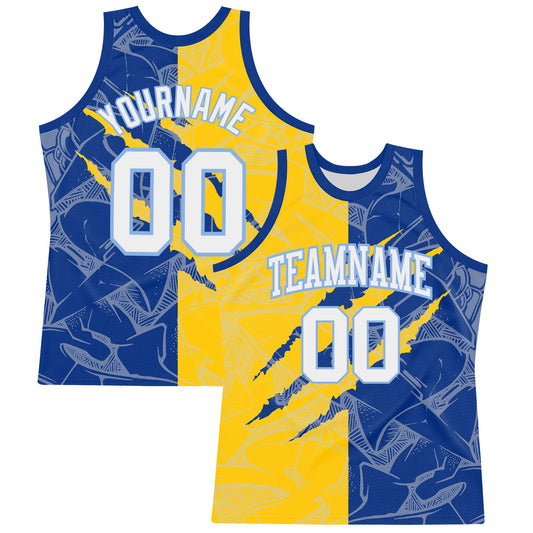 Custom Graffiti Pattern White Royal Yellow-Light Blue Scratch Round Neck Sublimation Basketball Set Jersey - Main View