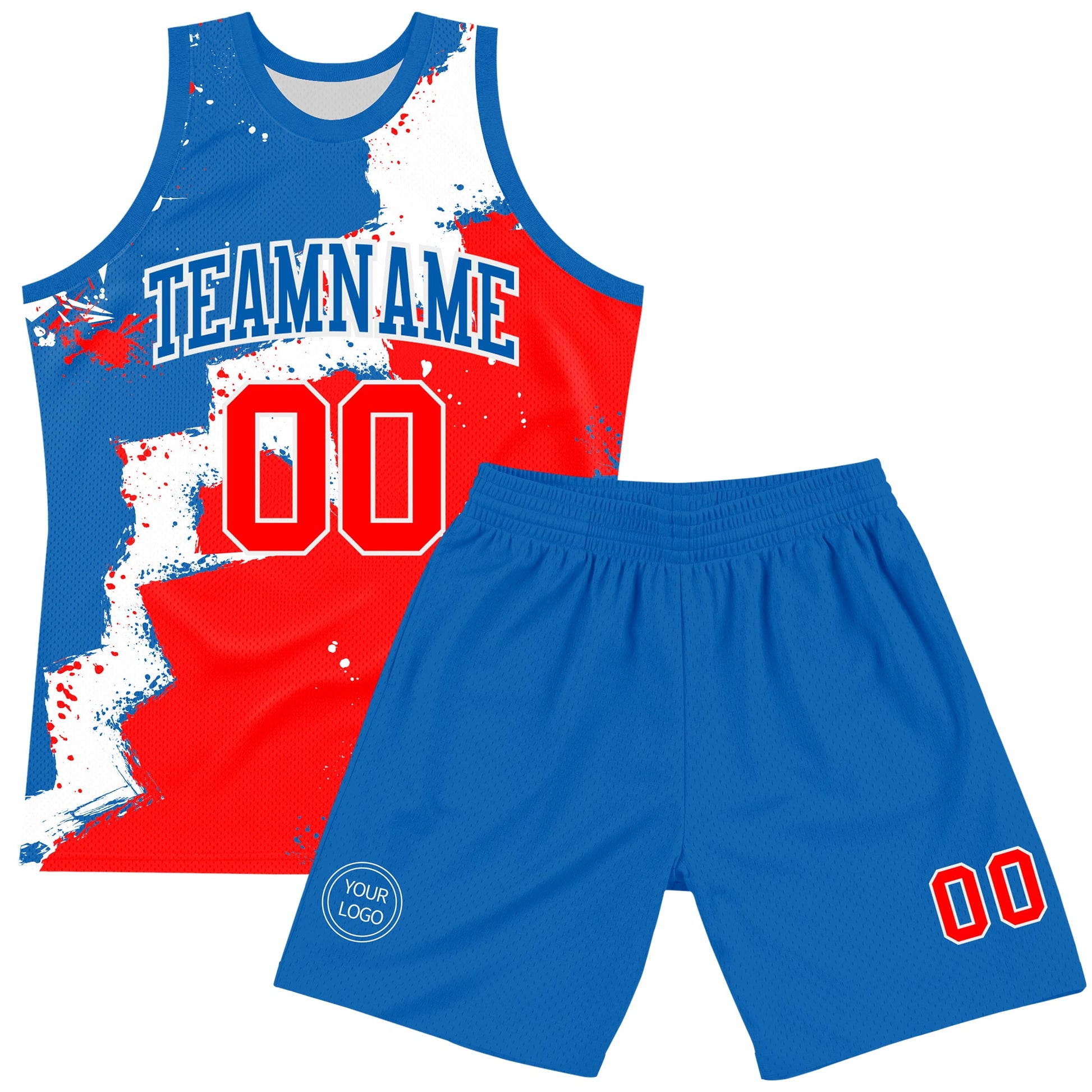 Custom Royal Red-White Splash Round Neck Sublimation Basketball Set Jersey view 2