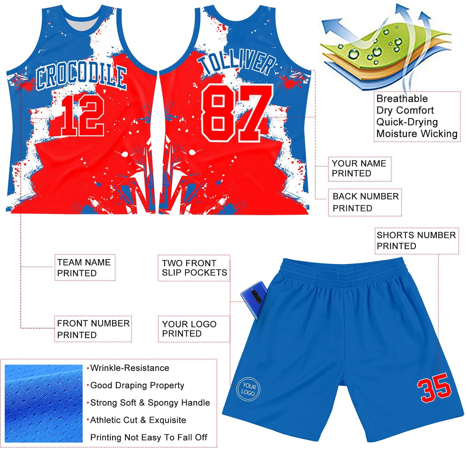 Custom Royal Red-White Splash Round Neck Sublimation Basketball Set Jersey view 3