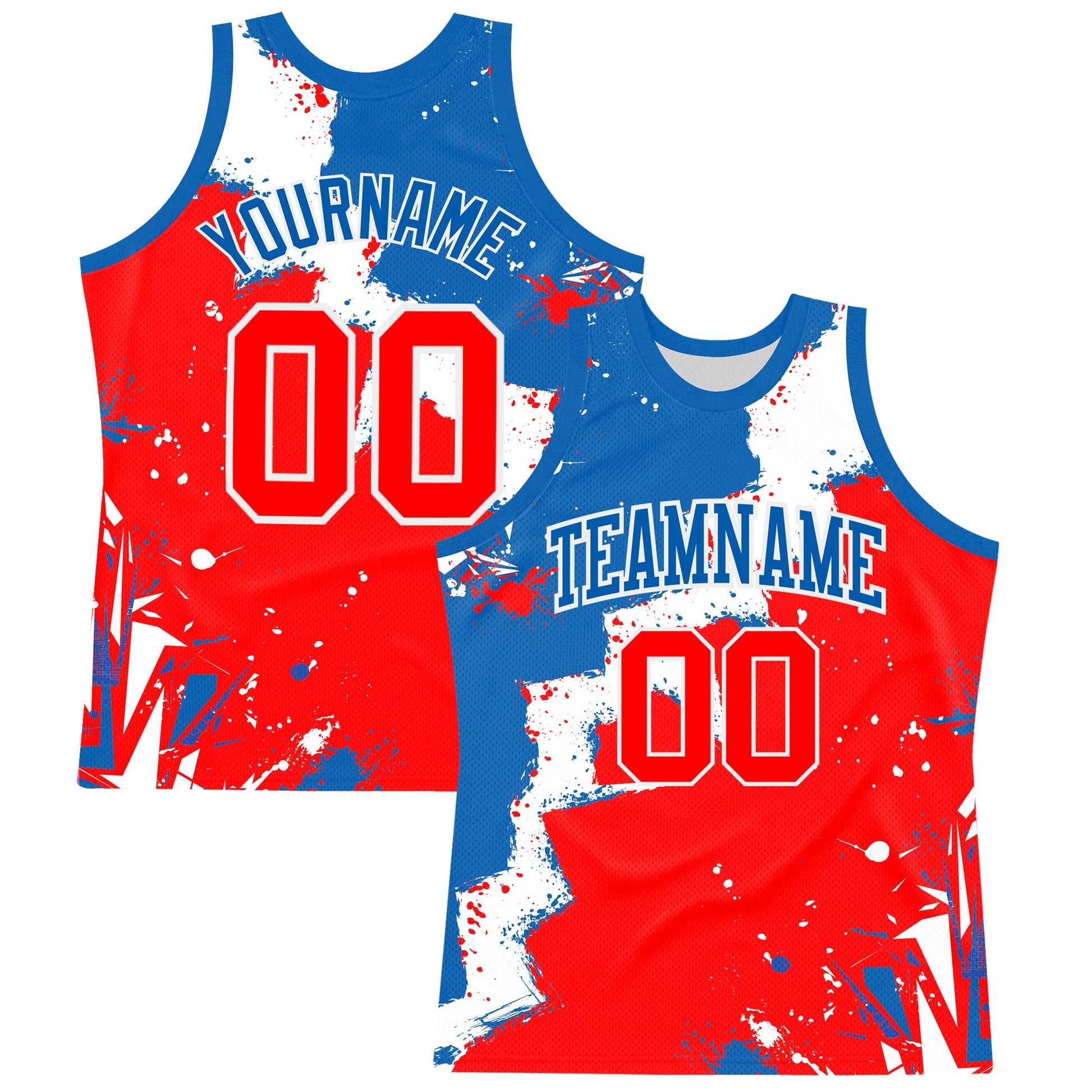 Custom Royal Red-White Splash Round Neck Sublimation Basketball Set Jersey - Main View