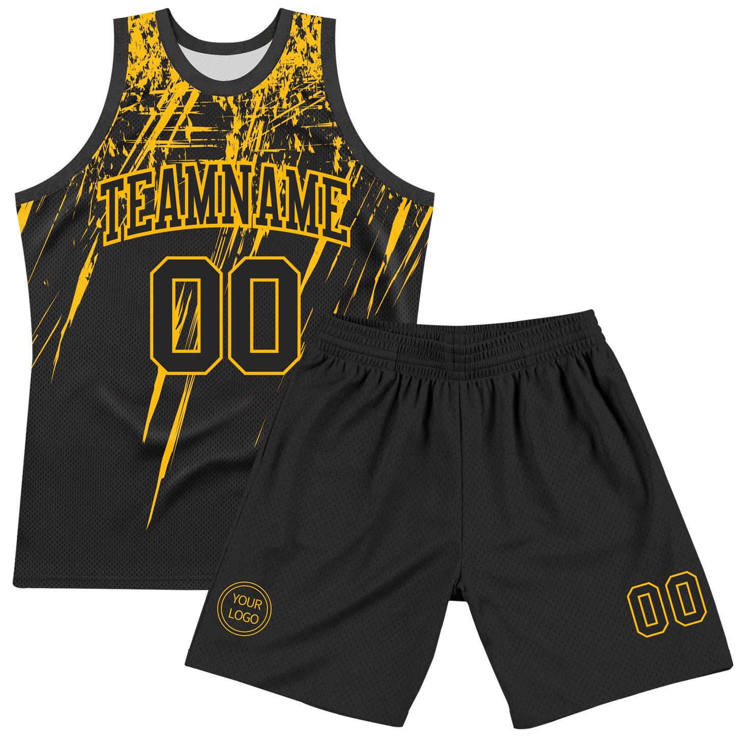 Custom Black Gold Splash Round Neck Sublimation Basketball Set Jersey view 2