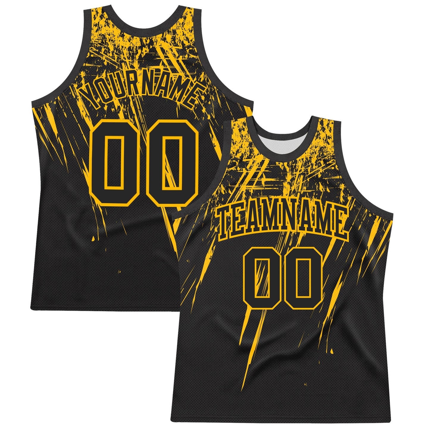 Custom Black Gold Splash Round Neck Sublimation Basketball Set Jersey - Main View