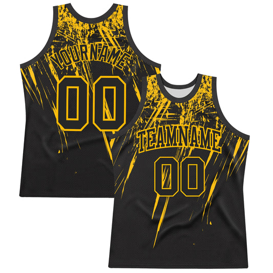 Custom Black Gold Splash Round Neck Sublimation Basketball Set Jersey - Main View
