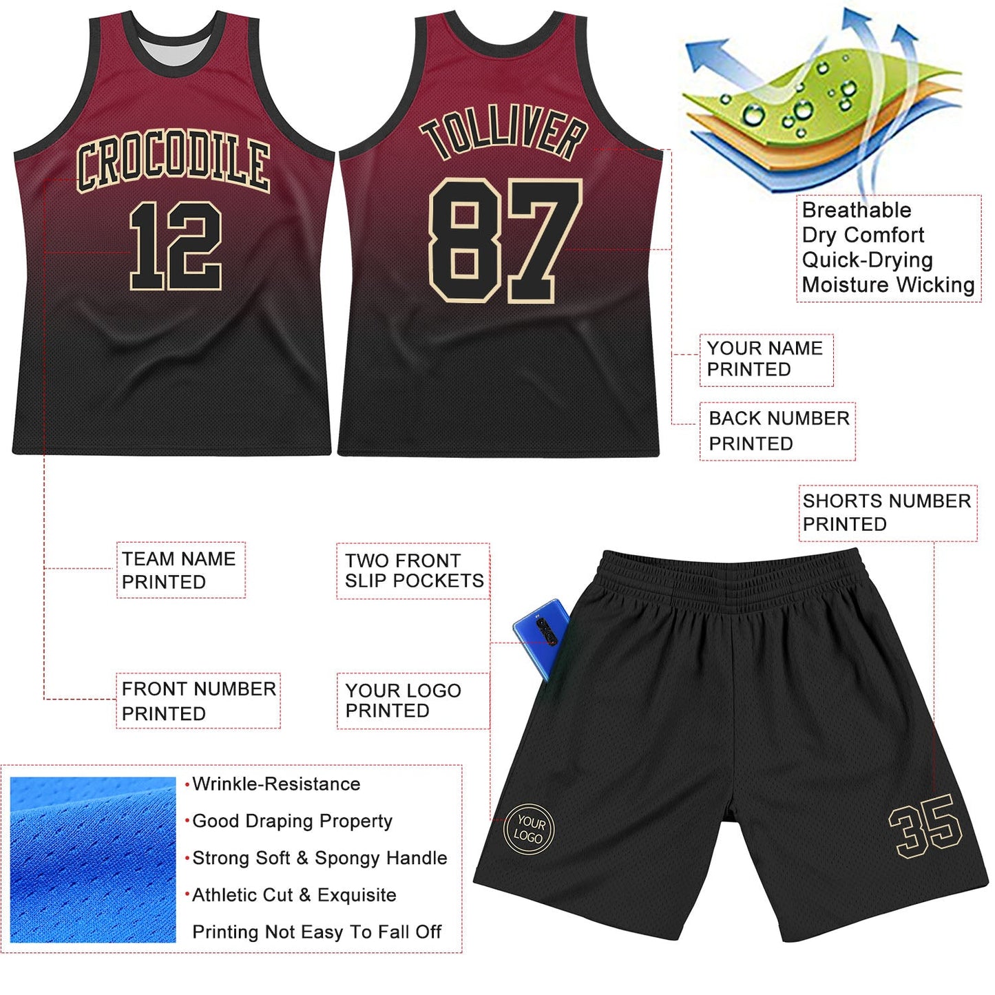 Custom Crimson Black-Cream Fade Fashion Round Neck Sublimation Basketball Set Jersey view 3