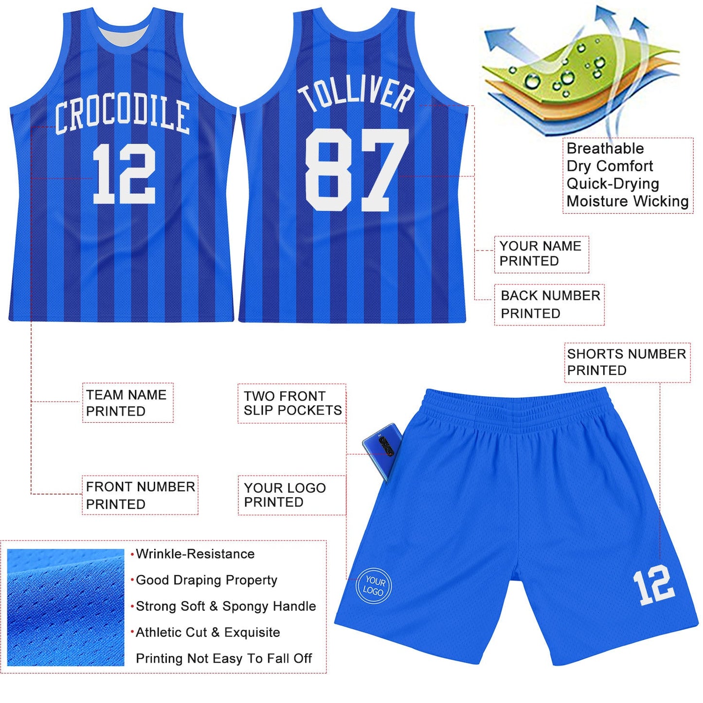 Custom Royal White Line Round Neck Sublimation Basketball Set Jersey view 3