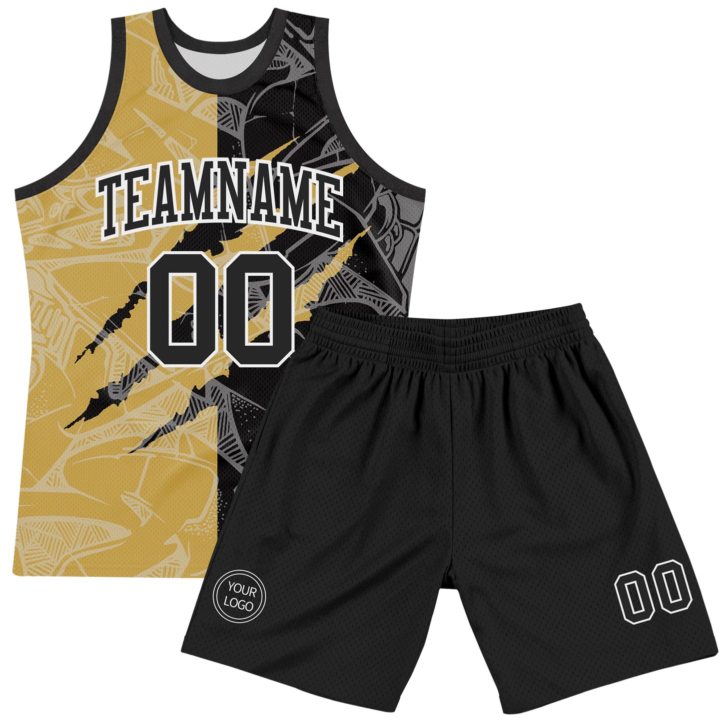 Custom Graffiti Pattern Black Old Gold-White Scratch Round Neck Sublimation Basketball Set Jersey view 2