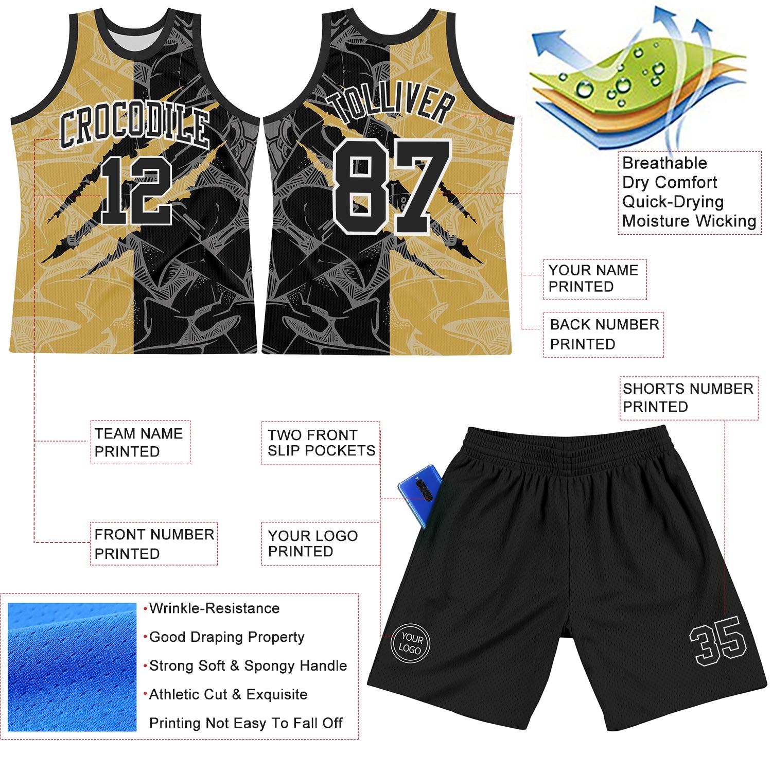 Custom Graffiti Pattern Black Old Gold-White Scratch Round Neck Sublimation Basketball Set Jersey view 3
