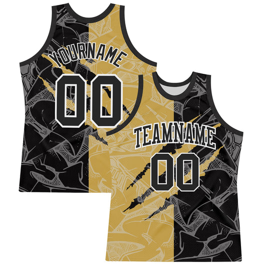 Custom Graffiti Pattern Black Old Gold-White Scratch Round Neck Sublimation Basketball Set Jersey - Main View