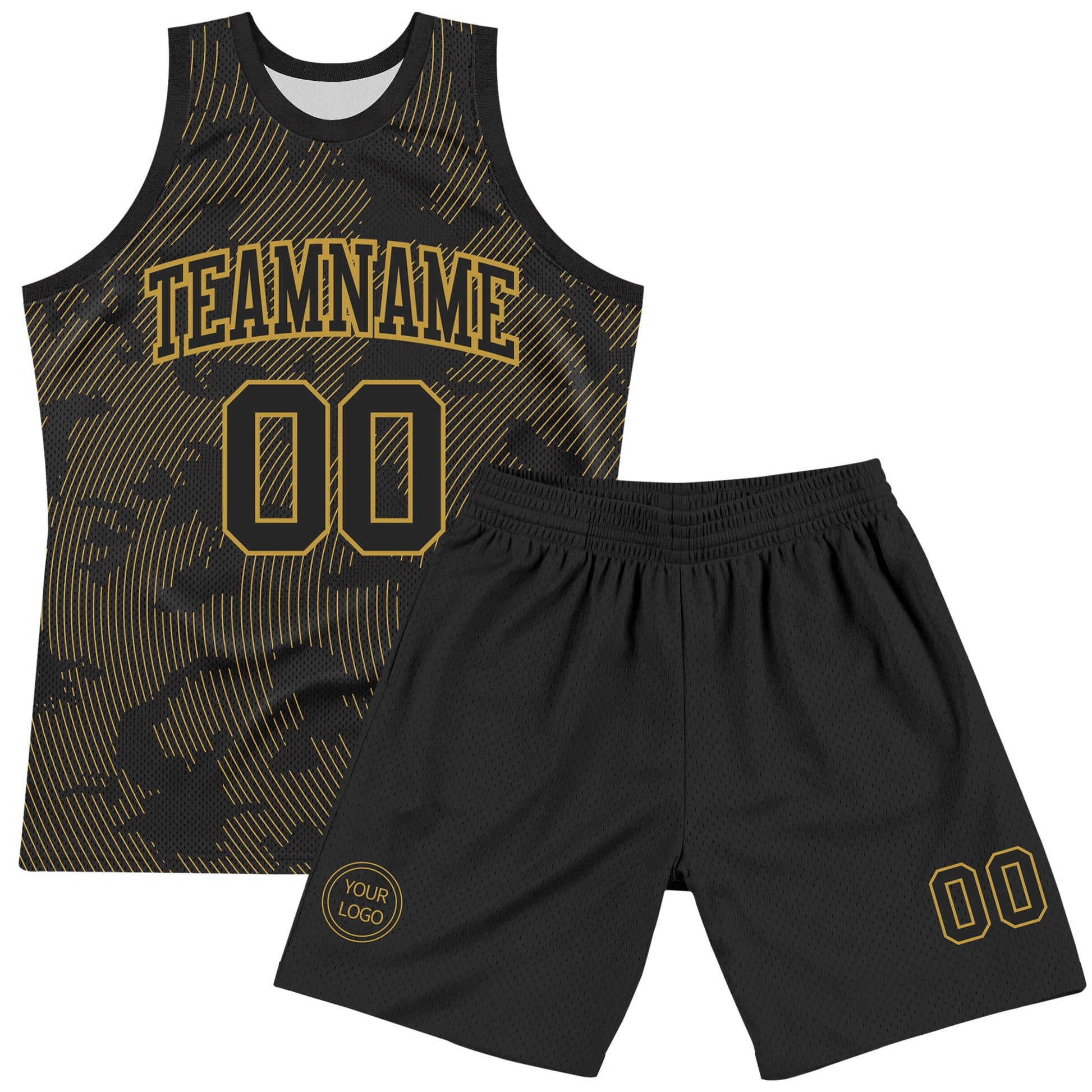 Custom Black Old Gold Curve Lines Round Neck Sublimation Basketball Set Jersey view 2