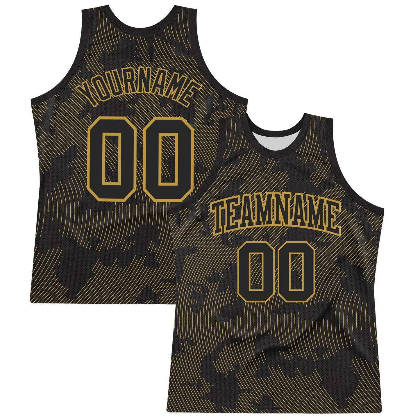 Custom Black Old Gold Curve Lines Round Neck Sublimation Basketball Set Jersey - Main View