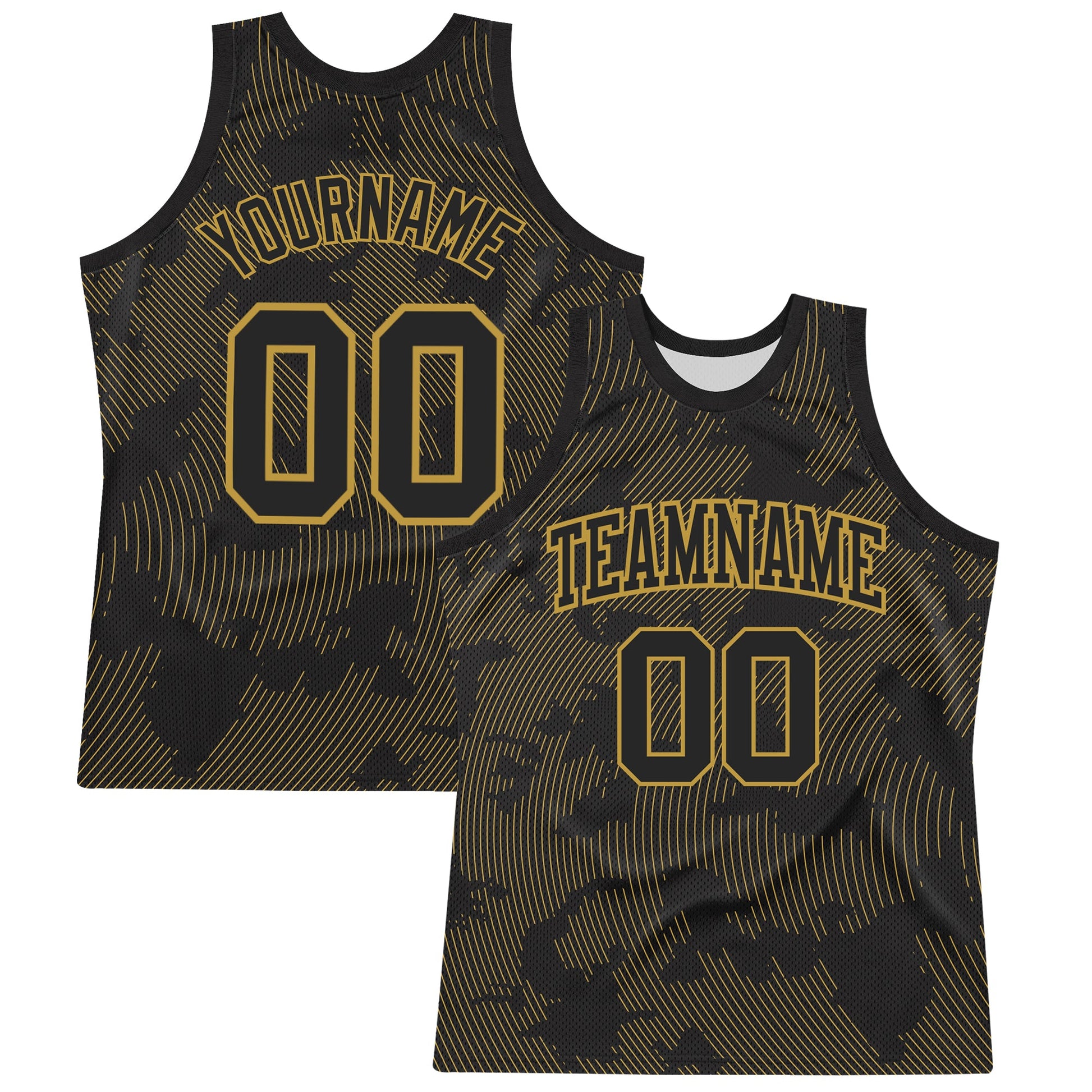 Custom Black Old Gold Curve Lines Round Neck Sublimation Basketball Set Jersey - Main View