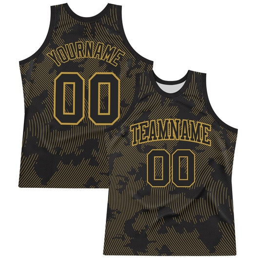 Custom Black Old Gold Curve Lines Round Neck Sublimation Basketball Set Jersey - Main View