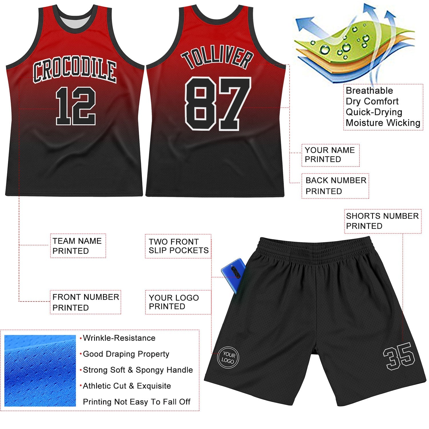 Custom Red Black-White Fade Fashion Round Neck Sublimation Basketball Set Jersey view 3