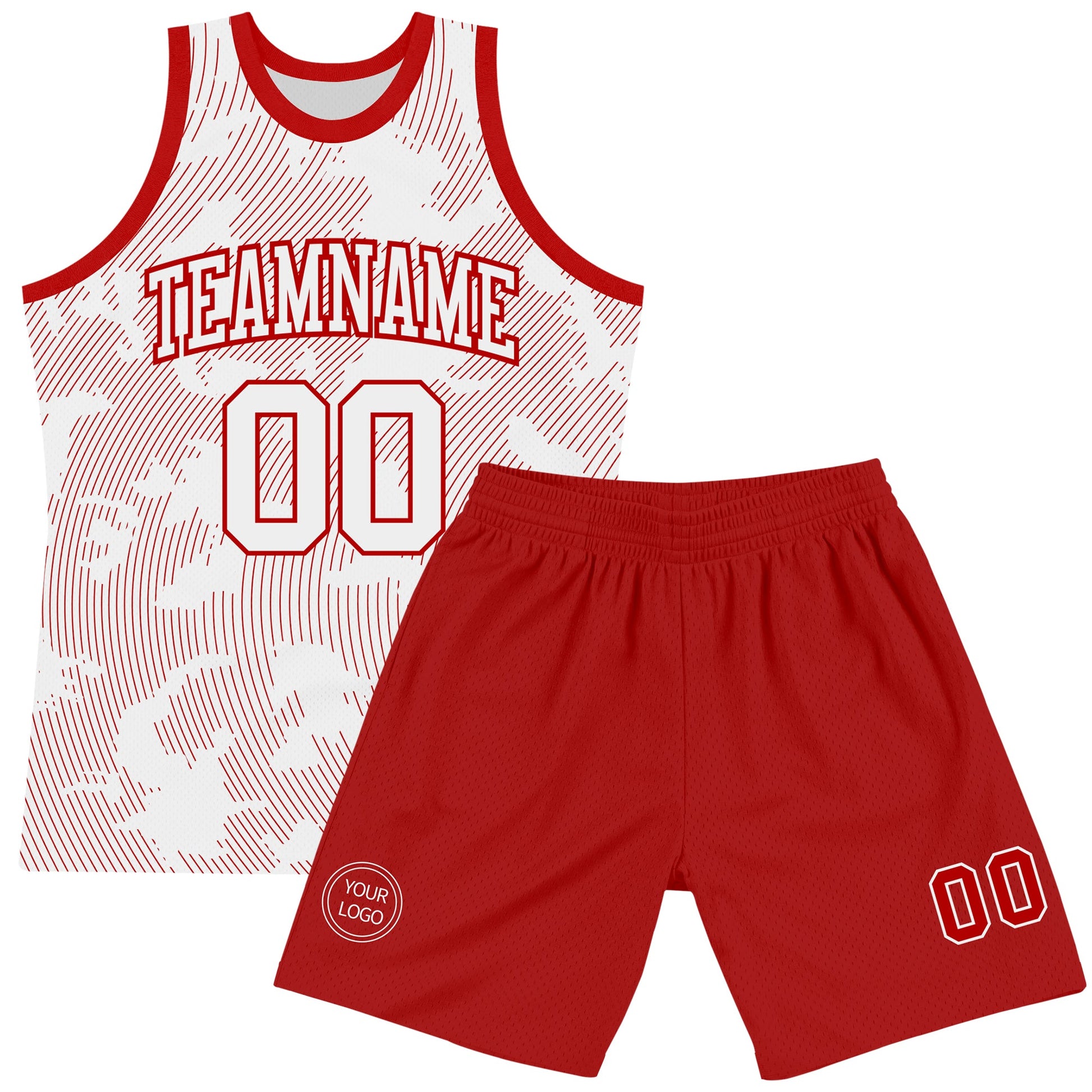 Custom White Red Curve Lines Round Neck Sublimation Basketball Set Jersey view 2