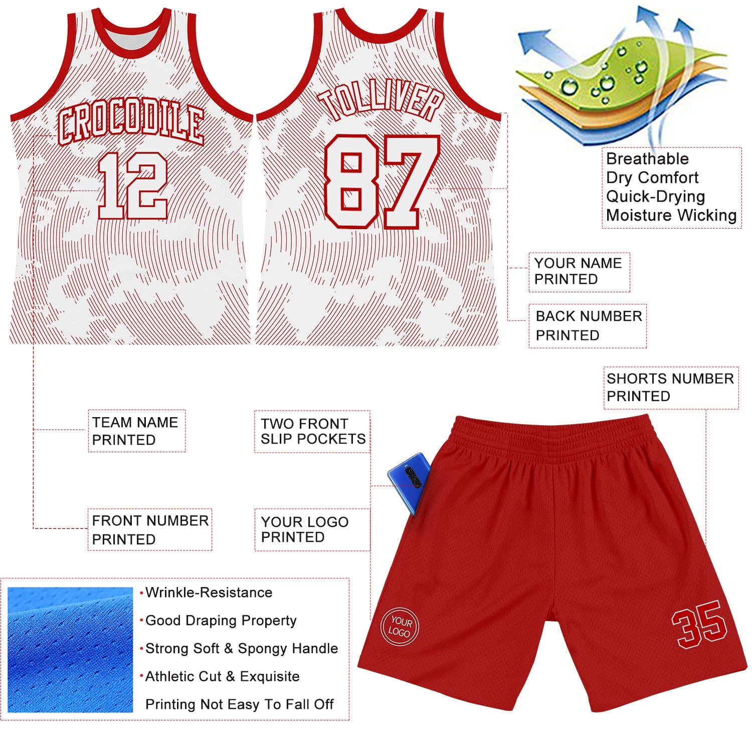 Custom White Red Curve Lines Round Neck Sublimation Basketball Set Jersey view 3
