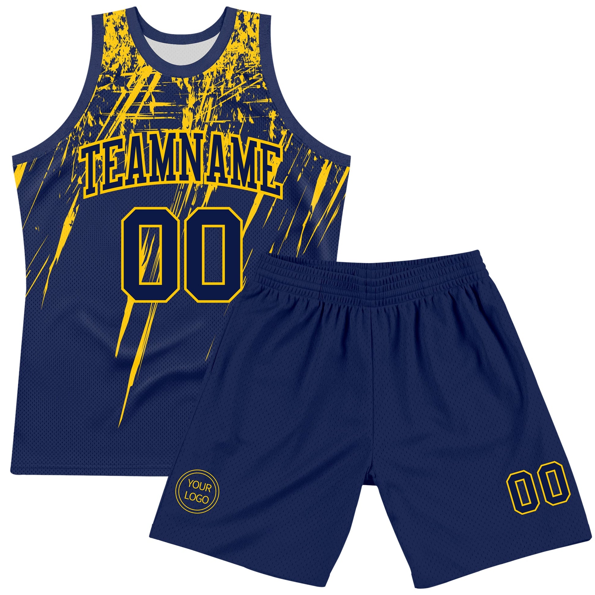 Custom Navy Yellow Splash Round Neck Sublimation Basketball Set Jersey view 2