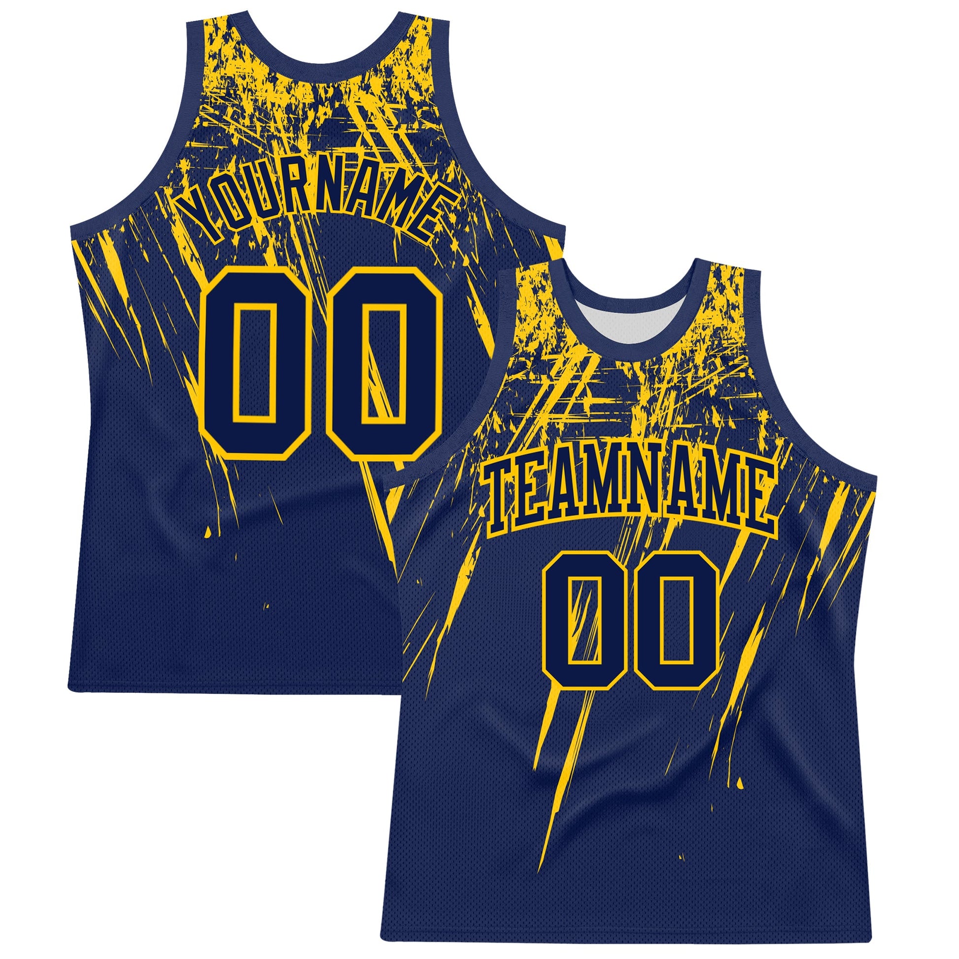 Custom Navy Yellow Splash Round Neck Sublimation Basketball Set Jersey - Main View