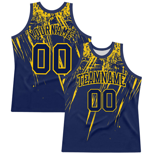 Custom Navy Yellow Splash Round Neck Sublimation Basketball Set Jersey - Main View