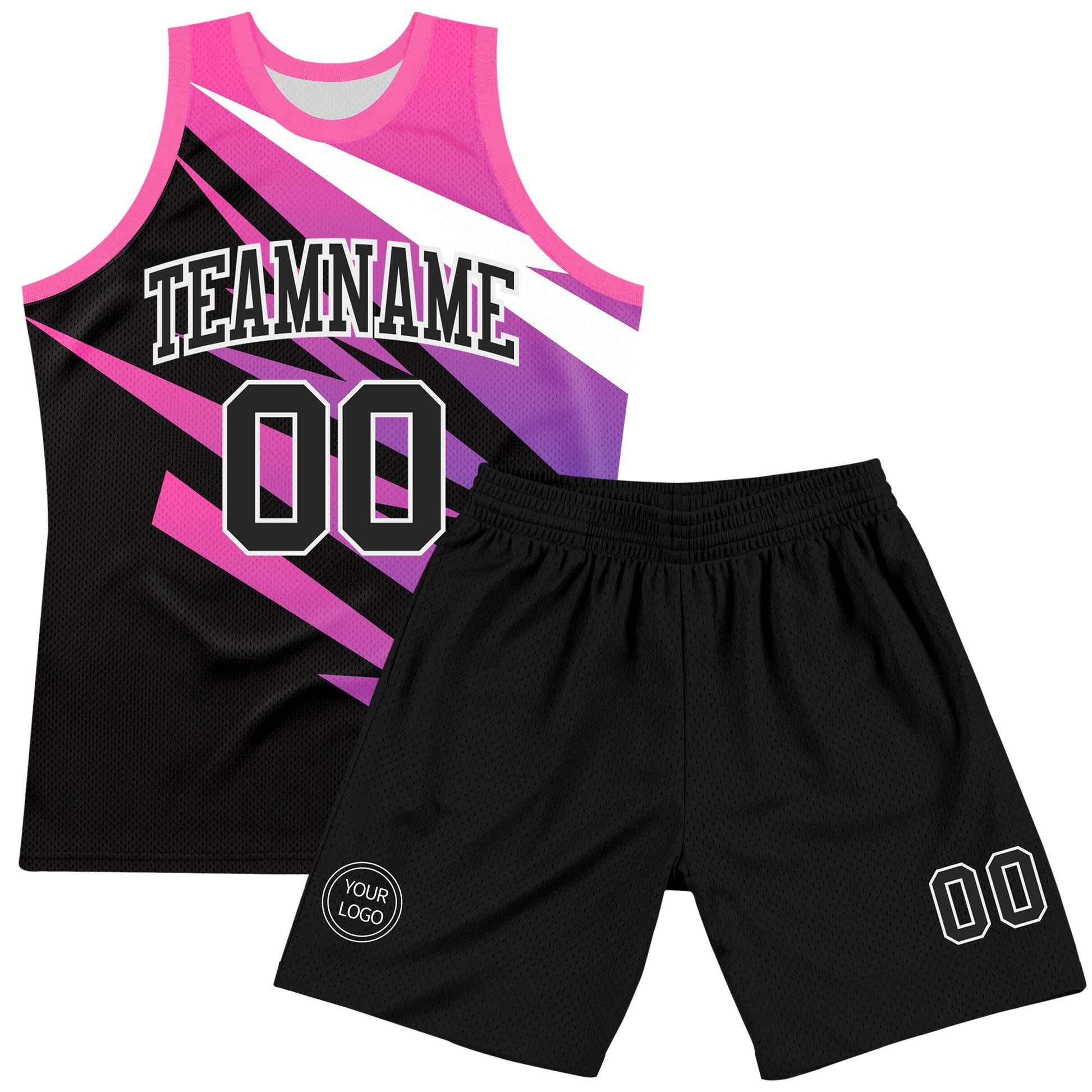 Custom Pink Black-White Line Round Neck Sublimation Basketball Set Jersey view 2