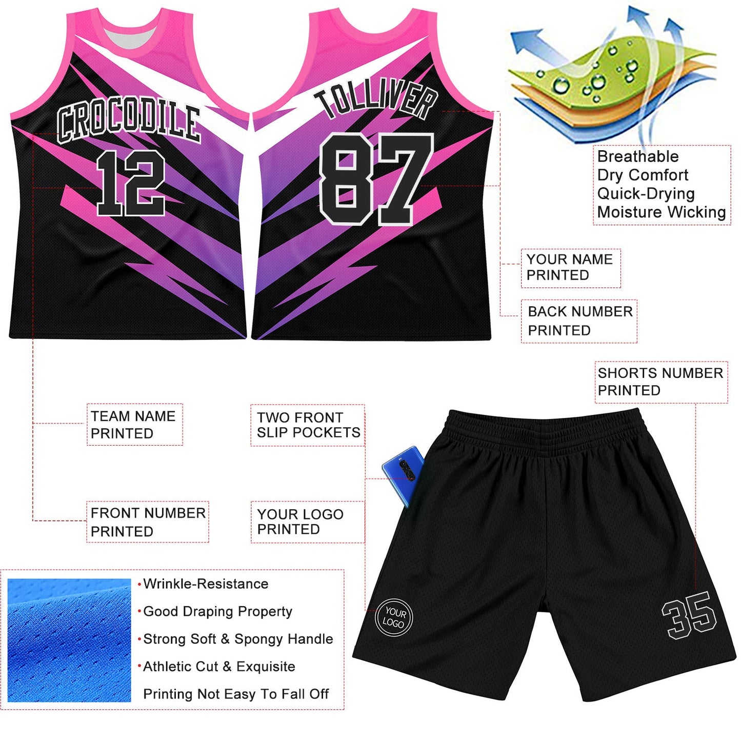 Custom Pink Black-White Line Round Neck Sublimation Basketball Set Jersey view 3