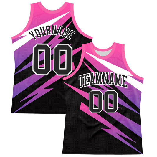 Custom Pink Black-White Line Round Neck Sublimation Basketball Set Jersey - Main View