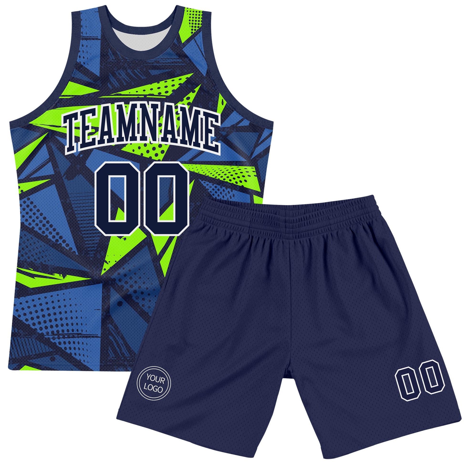 Custom Navy Neon Green-White Geometric Shape Round Neck Sublimation Basketball Set Jersey view 2
