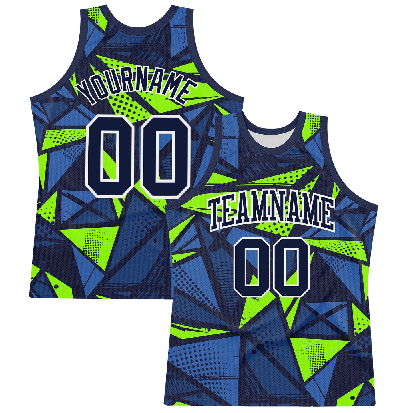 Custom Navy Neon Green-White Geometric Shape Round Neck Sublimation Basketball Set Jersey - Main View