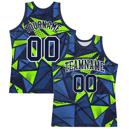 Custom Navy Neon Green-White Geometric Shape Round Neck Sublimation Basketball Set Jersey - Main View