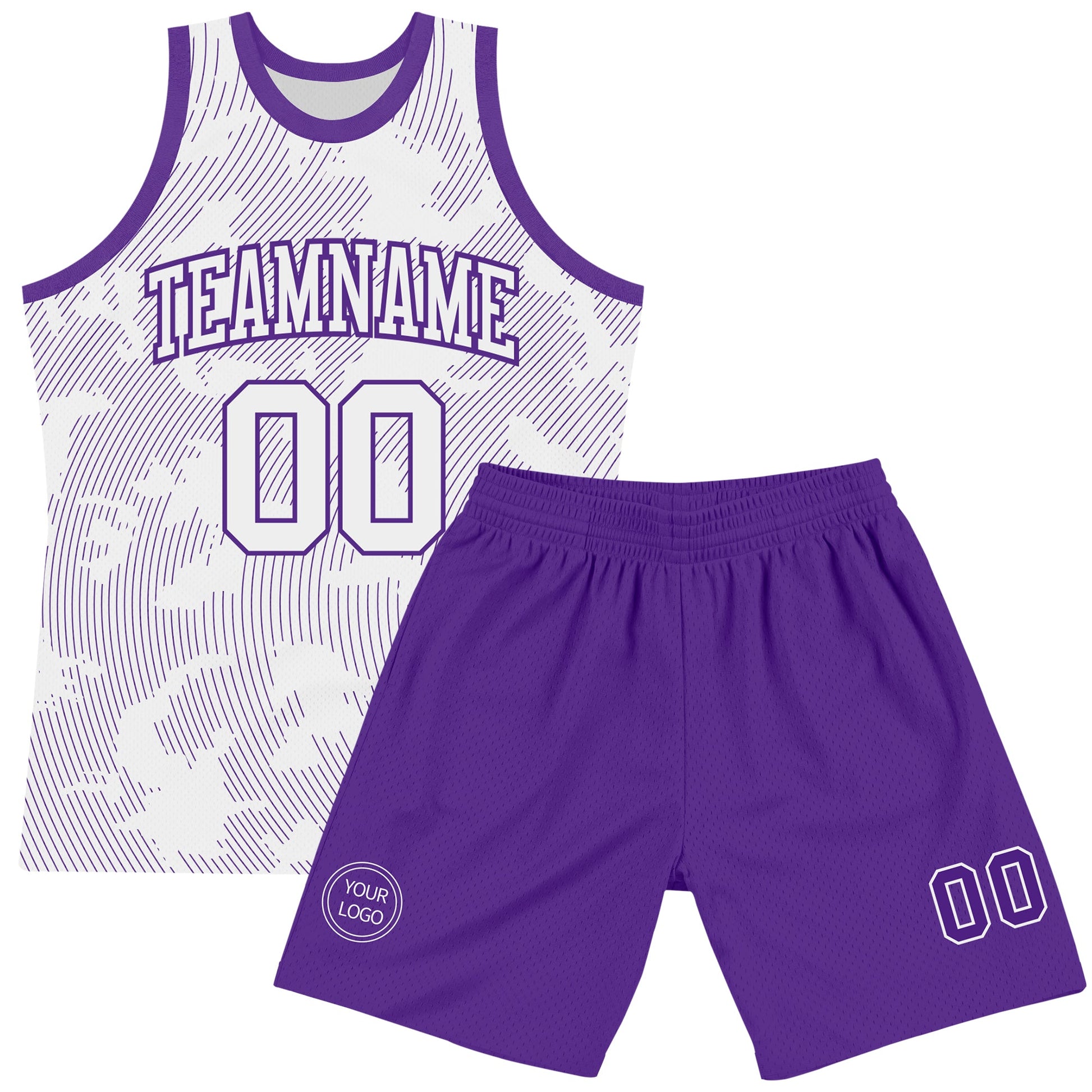 Custom White Purple Curve Lines Round Neck Sublimation Basketball Set Jersey view 2
