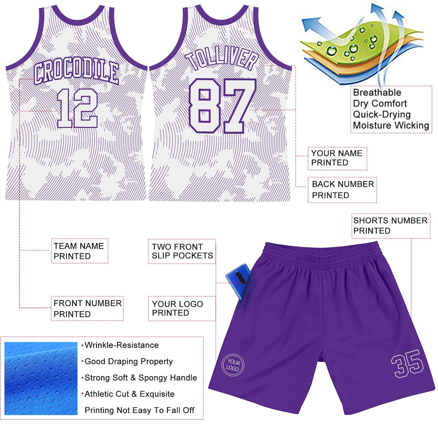 Custom White Purple Curve Lines Round Neck Sublimation Basketball Set Jersey view 3