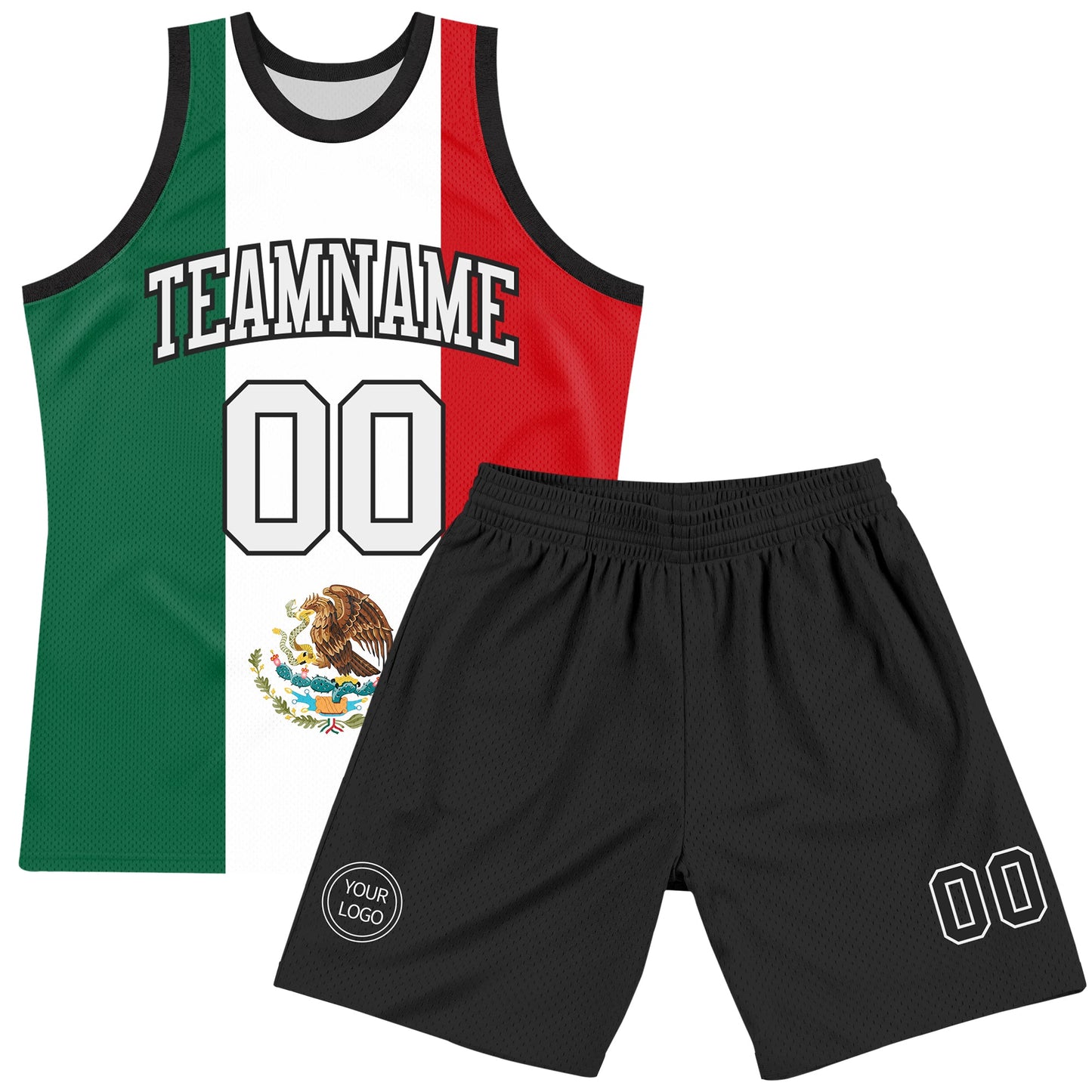 Custom Kelly Green White Red-Black Mexican Flag Round Neck Sublimation Basketball Set Jersey view 2