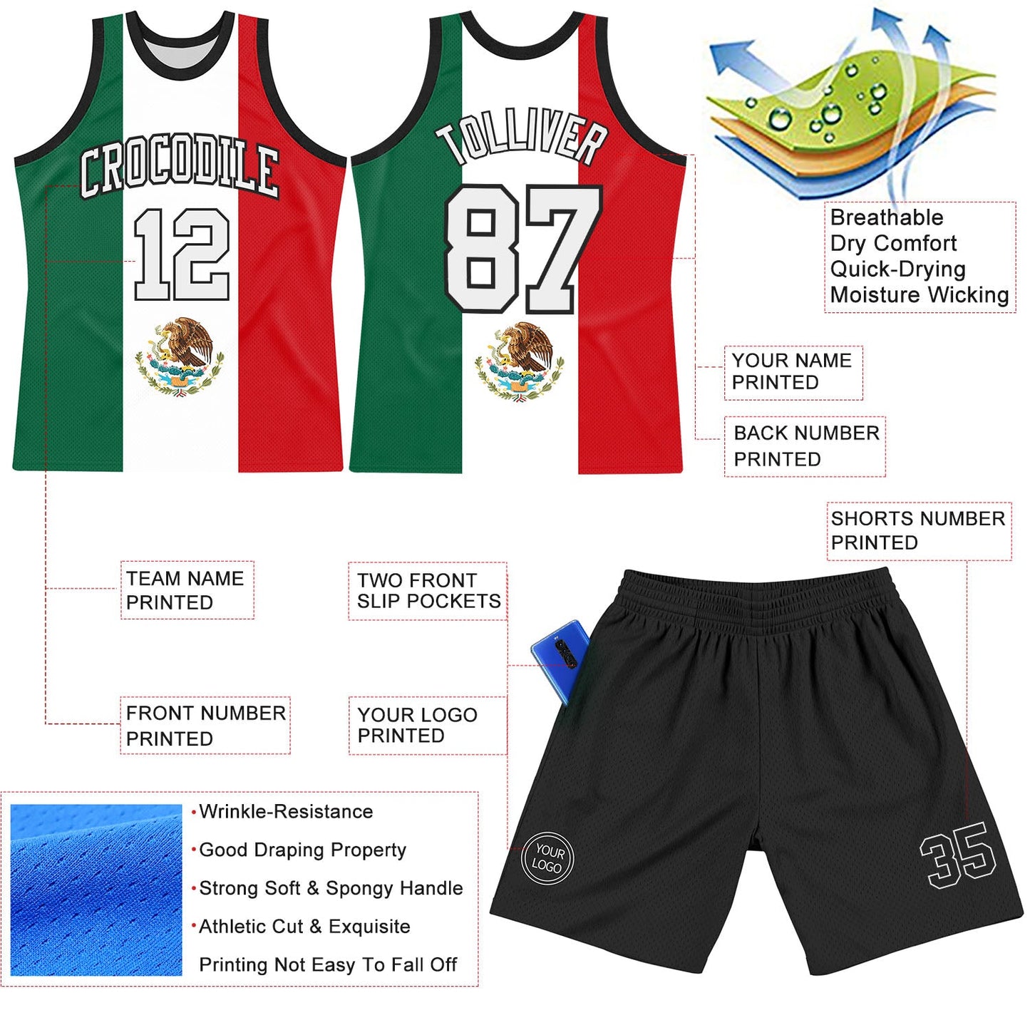 Custom Kelly Green White Red-Black Mexican Flag Round Neck Sublimation Basketball Set Jersey view 3