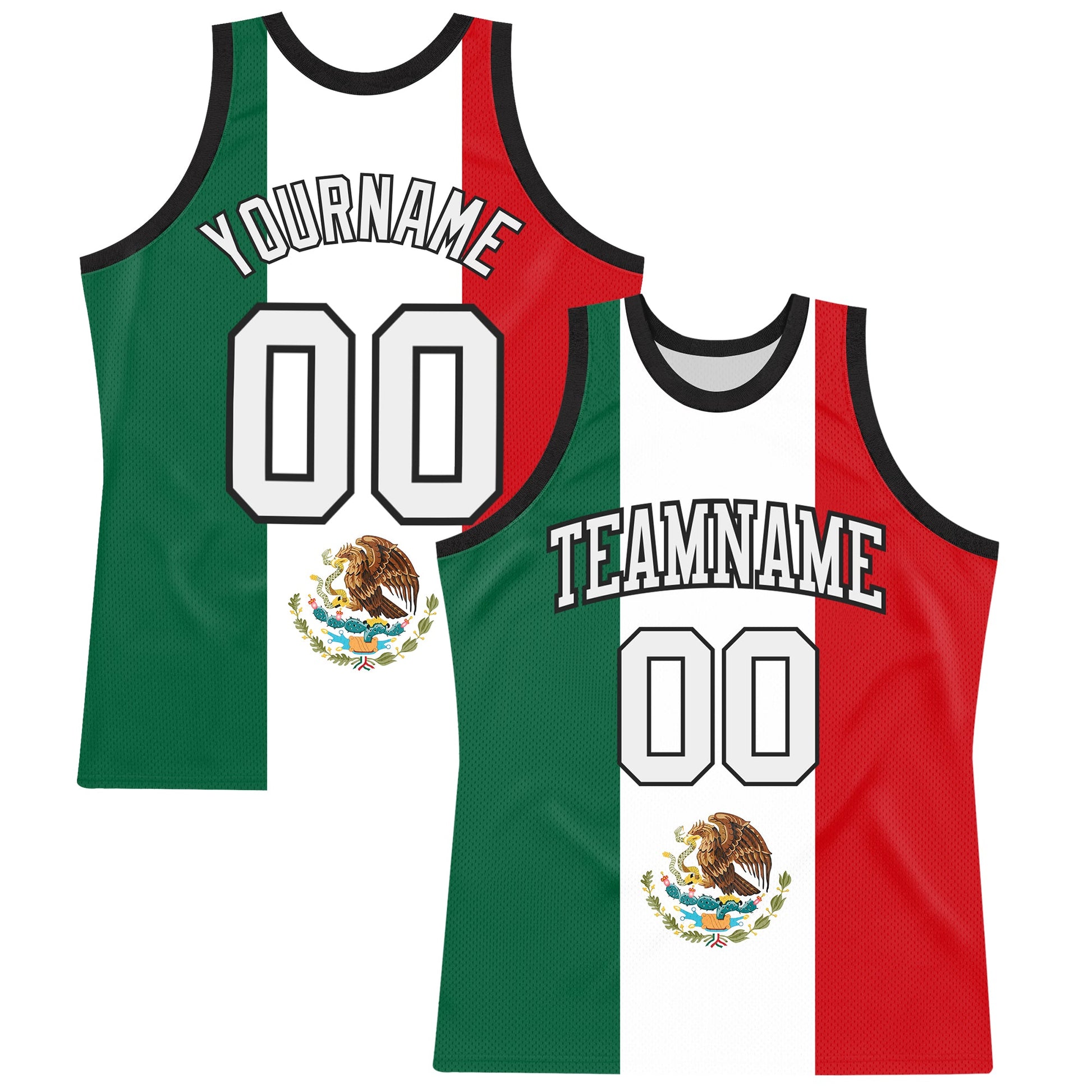 Custom Kelly Green White Red-Black Mexican Flag Round Neck Sublimation Basketball Set Jersey - Main View