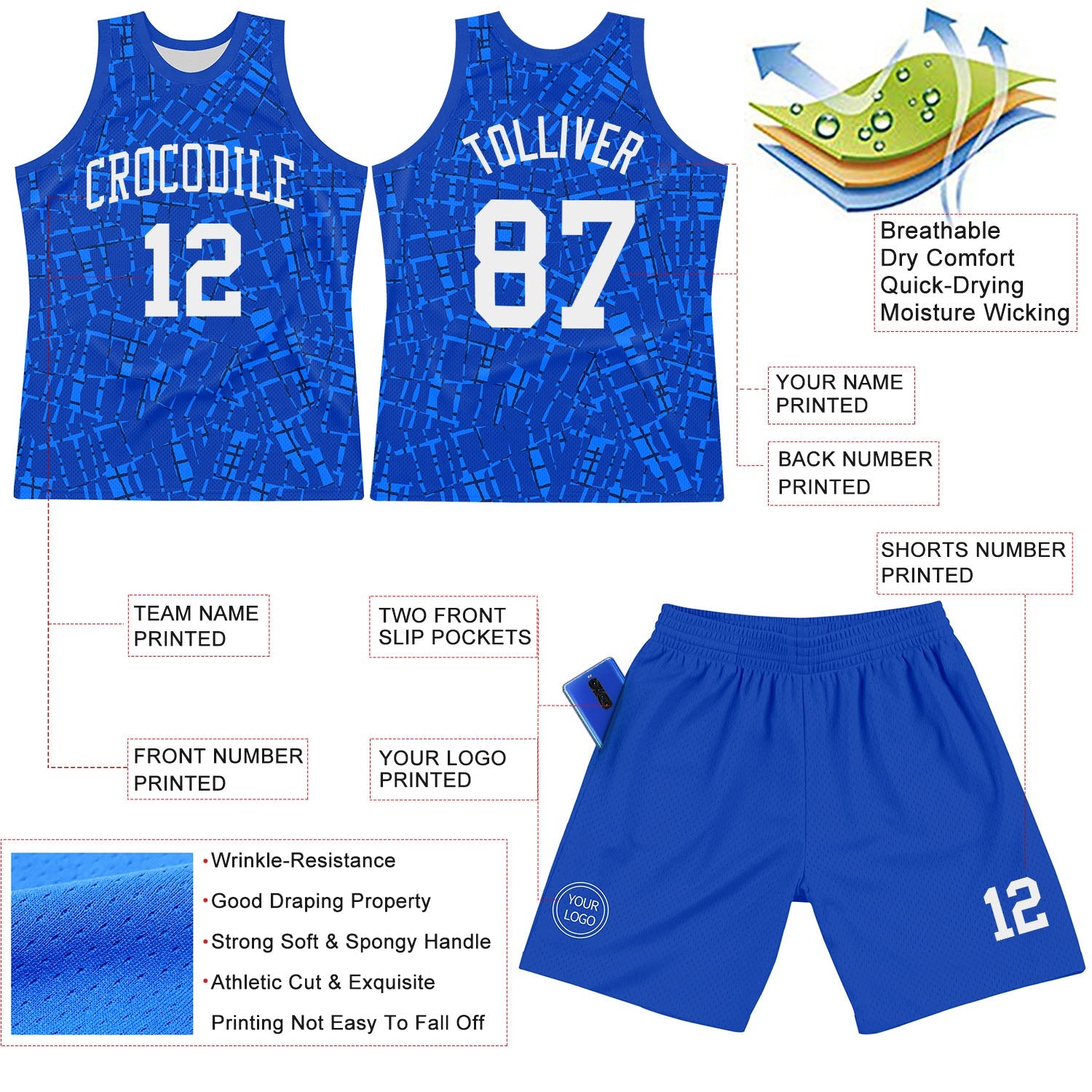 Custom Royal White Round Line Neck Sublimation Basketball Set Jersey view 3