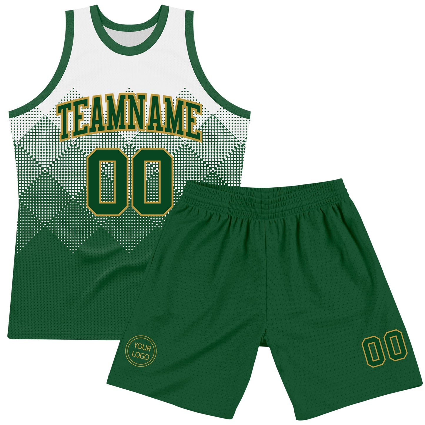 Custom White Green-Old Gold Gradient Square Shapes Round Neck Sublimation Basketball Set Jersey view 2