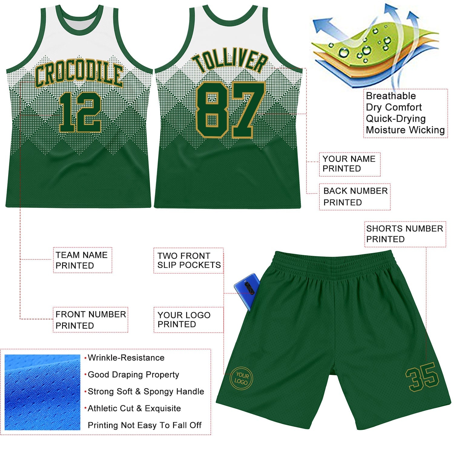 Custom White Green-Old Gold Gradient Square Shapes Round Neck Sublimation Basketball Set Jersey view 3