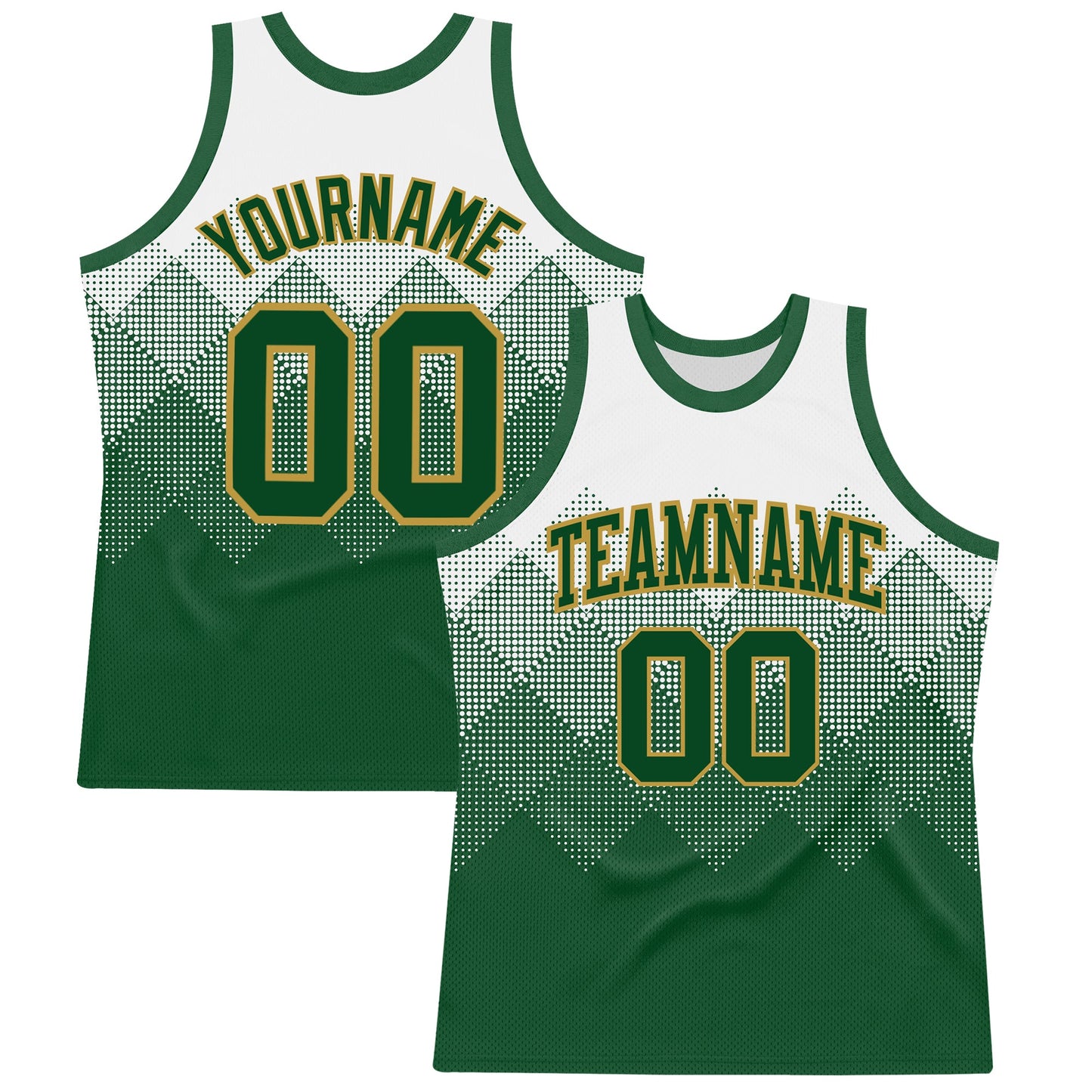Custom White Green-Old Gold Gradient Square Shapes Round Neck Sublimation Basketball Set Jersey - Main View