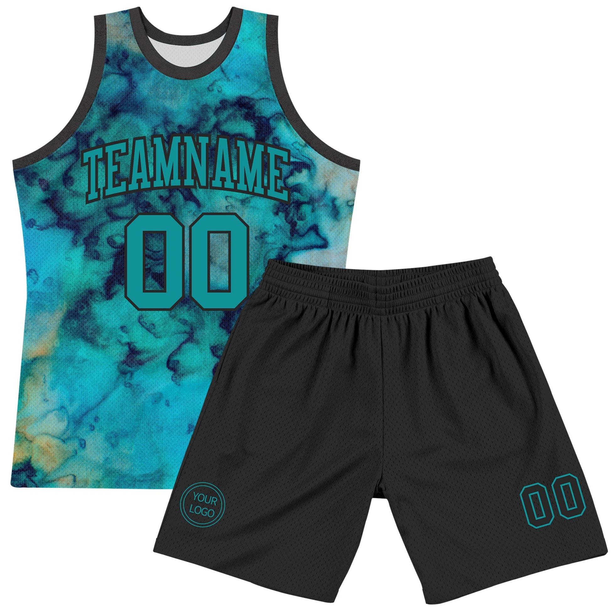 Custom Tie Dye Teal-Black Round Neck Sublimation Basketball Set Jersey view 2