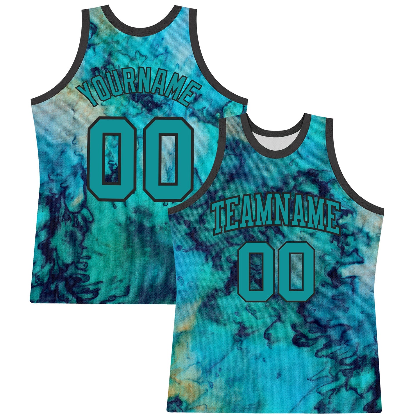 Custom Tie Dye Teal-Black Round Neck Sublimation Basketball Set Jersey - Main View