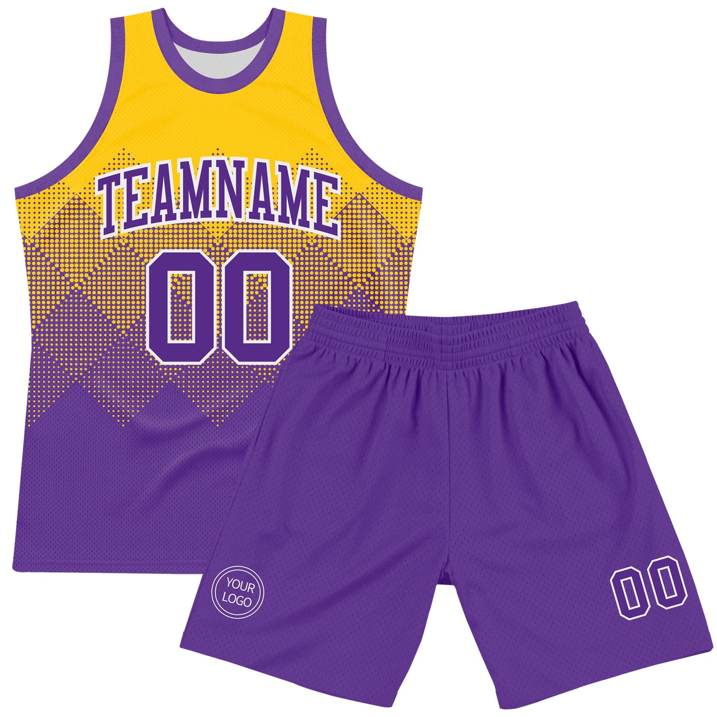 Custom Yellow Purple-White Gradient Square Shapes Round Neck Sublimation Basketball Set Jersey view 2