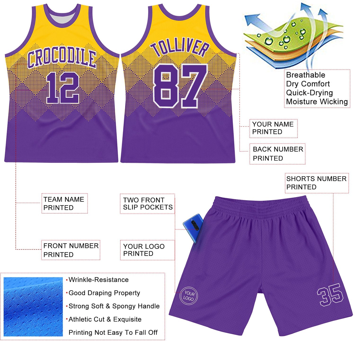 Custom Yellow Purple-White Gradient Square Shapes Round Neck Sublimation Basketball Set Jersey view 3