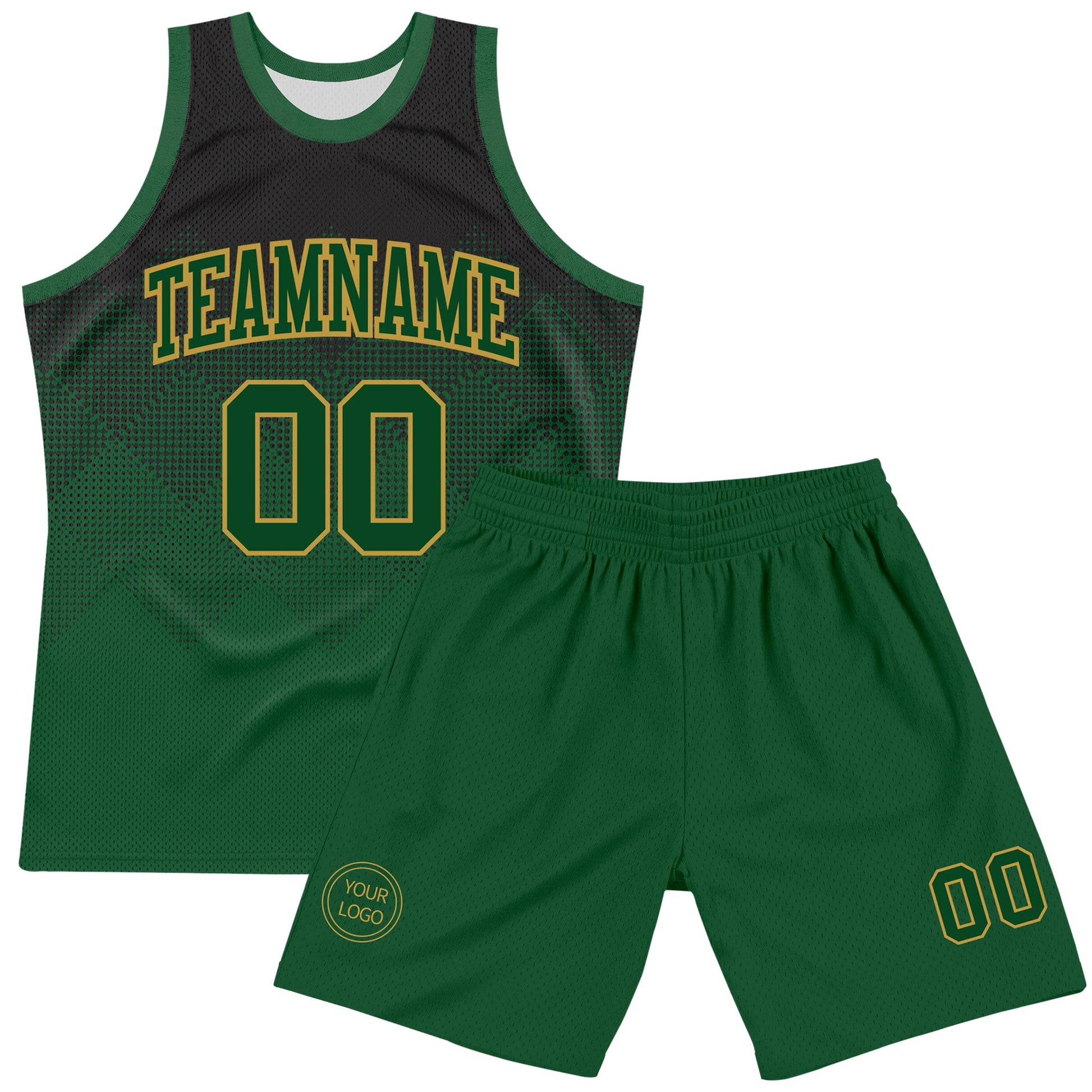 Custom Black Green-Old Gold Fade Fashion Round Neck Sublimation Basketball Set Jersey view 2