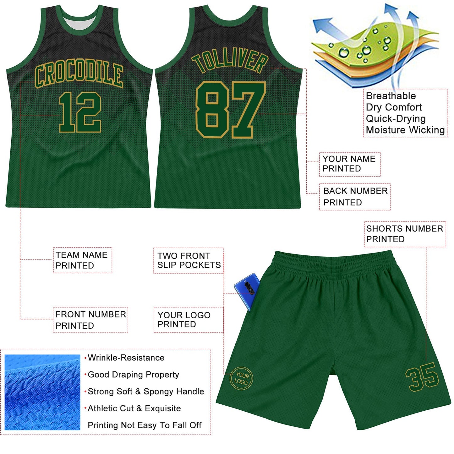 Custom Black Green-Old Gold Fade Fashion Round Neck Sublimation Basketball Set Jersey view 3
