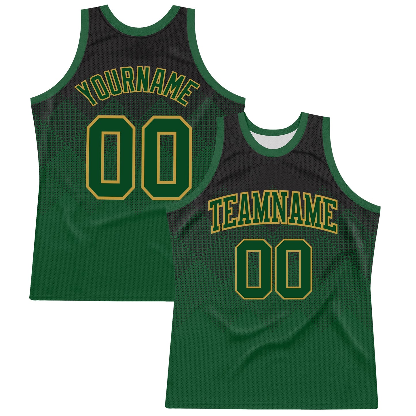 Custom Black Green-Old Gold Fade Fashion Round Neck Sublimation Basketball Set Jersey - Main View