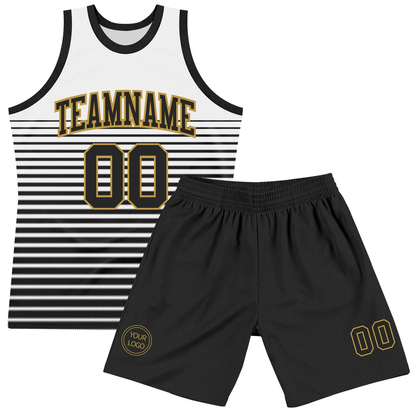 Custom White Black-Old Gold Pinstripe Fade Fashion Round Neck Sublimation Basketball Set Jersey view 2
