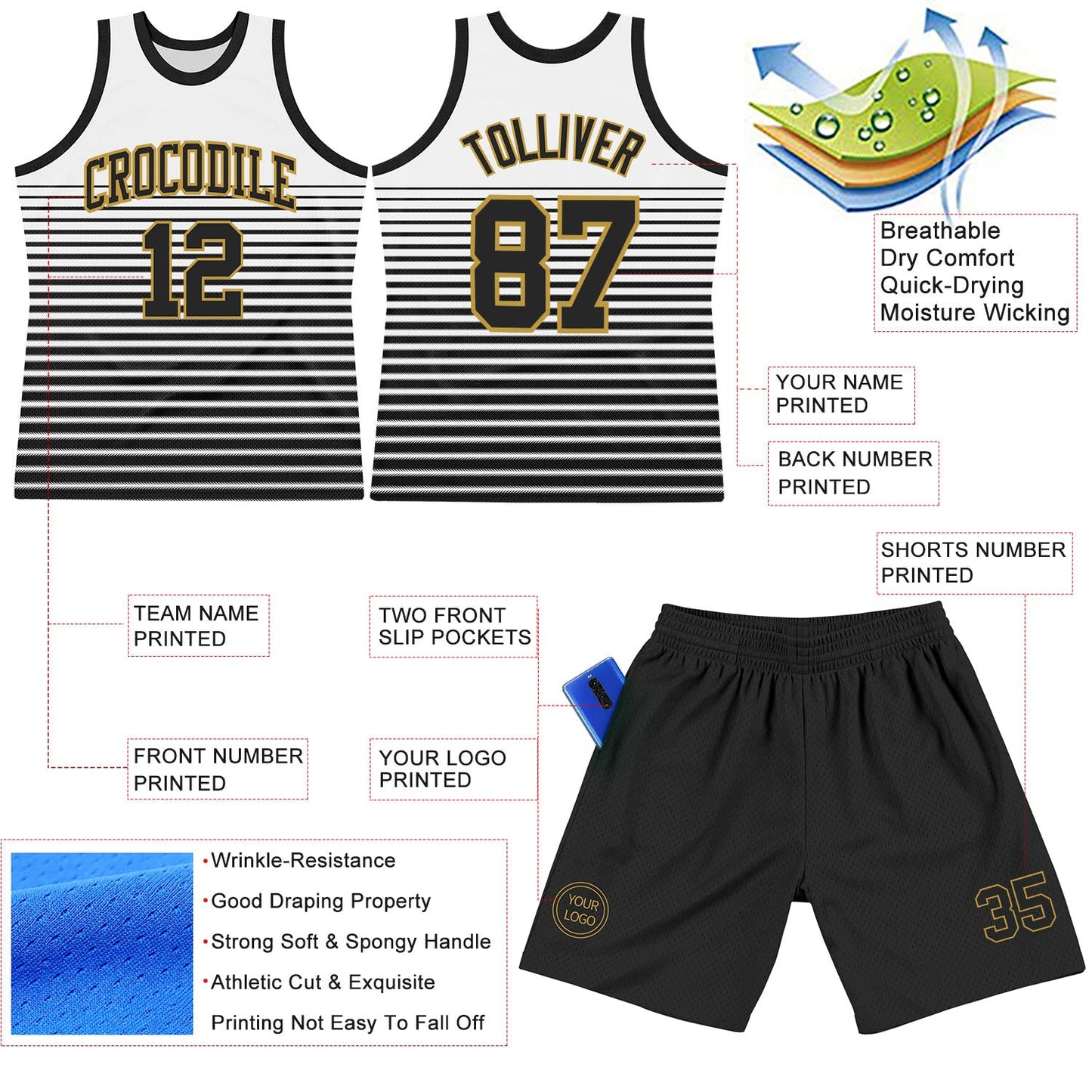 Custom White Black-Old Gold Pinstripe Fade Fashion Round Neck Sublimation Basketball Set Jersey view 3