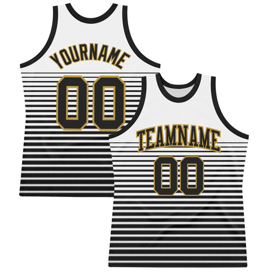Custom White Black-Old Gold Pinstripe Fade Fashion Round Neck Sublimation Basketball Set Jersey - Main View