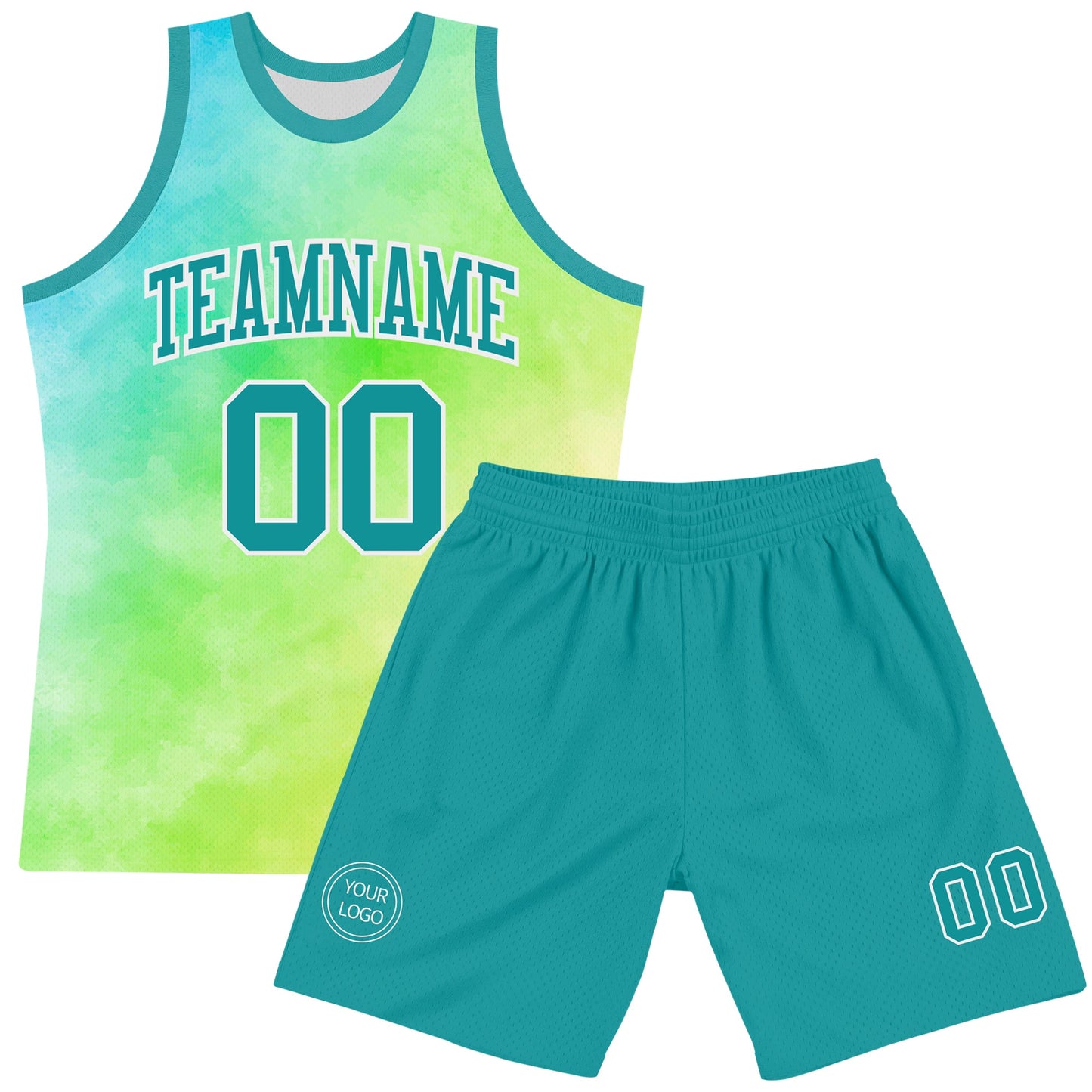 Custom Tie Dye Teal-White Round Neck Sublimation Basketball Set Jersey view 2